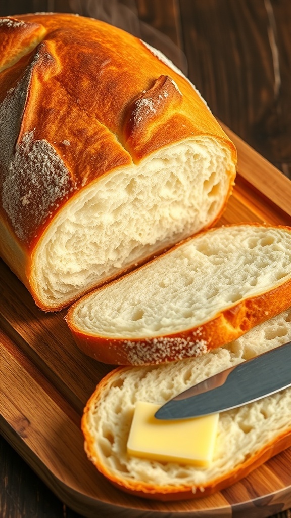 A loaf of crusty bread on a cutting board, sliced to show the soft interior, with butter on the side.